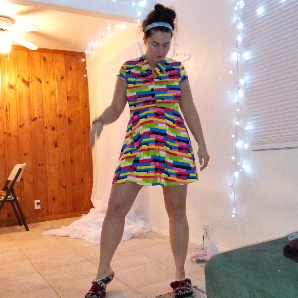 Vintage 🌈 Rainbow Stretchy Button Up Mini Retro 80's Dress